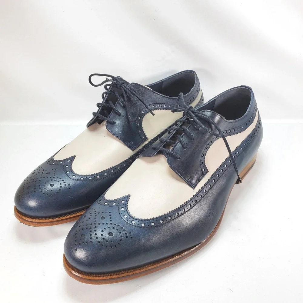 Bureau Wingtip Oxford Men 14 Navy Blue Cream Two Tone Spectator Brogue Shoes